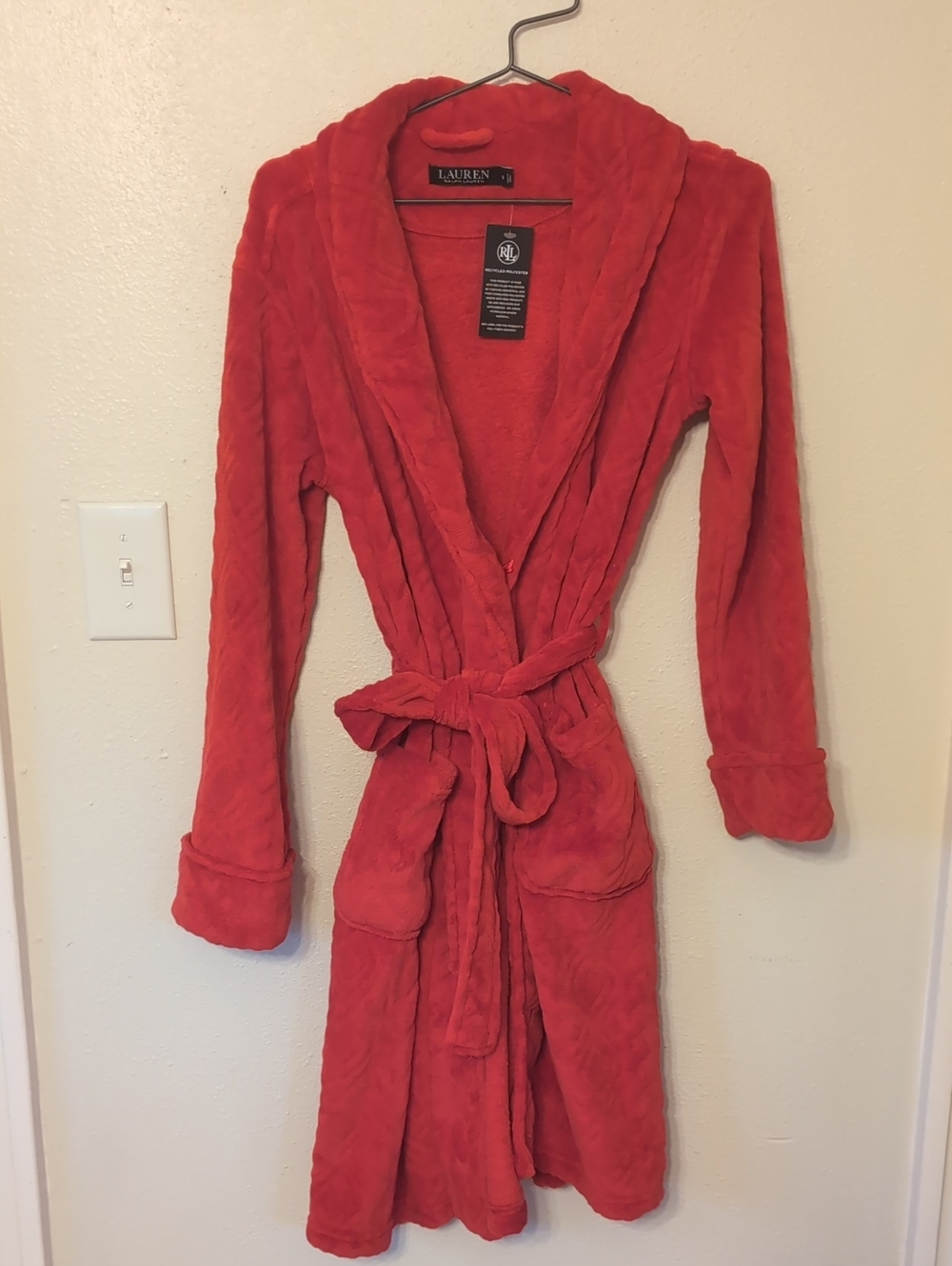 Lauren Ralph Lauren Red Plush Shawl-Collar Robe S